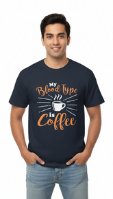 Loony Looms "My Blood Type is Coffee" Sarcastic T-Shirt – Navy Blue (100% Bio-Washed Cotton)