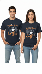 Loony Looms "My Blood Type is Coffee" Sarcastic T-Shirt – Navy Blue (100% Bio-Washed Cotton)
