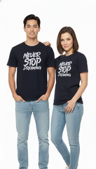 Loony Looms "Never Stop Dreaming" Bold Typography Tee – Black (100% Bio-Washed Cotton)