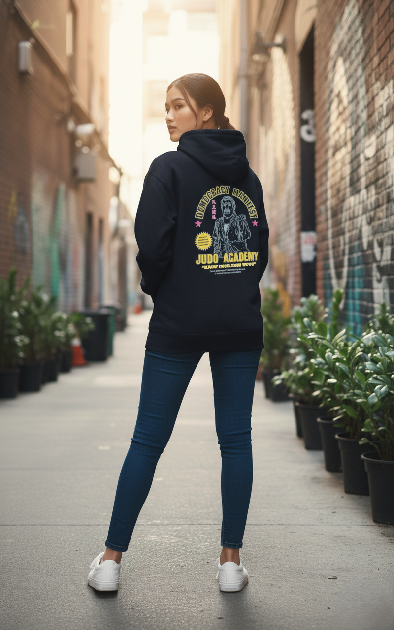 Loony Looms "Democracy Manifest" Judo Academy Streetwear Hoodie – Black Premium quality hoodies