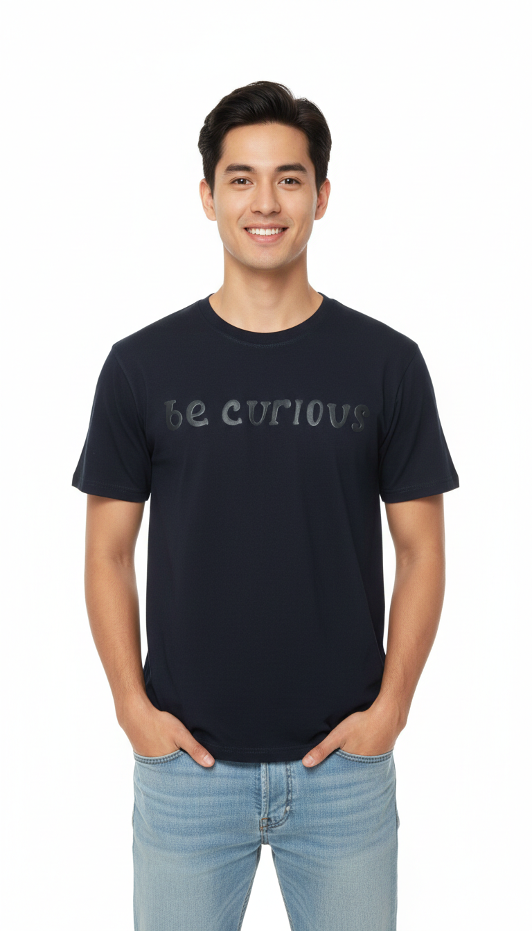 Loony Looms "Be Curious" Minimalist Statement Tee – Navy Blue (100% Bio-Washed Cotton)