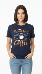Loony Looms "My Blood Type is Coffee" Sarcastic T-Shirt – Navy Blue (100% Bio-Washed Cotton)