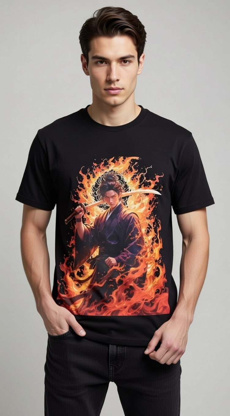 Loony Looms Blazing Spirit: Premium Fire-Anime Graphic Black T-Shirt